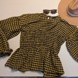 ASOS Brand Oversized Puff Sleeve Smocked Gingham-look Peplum Top - EUC size 6